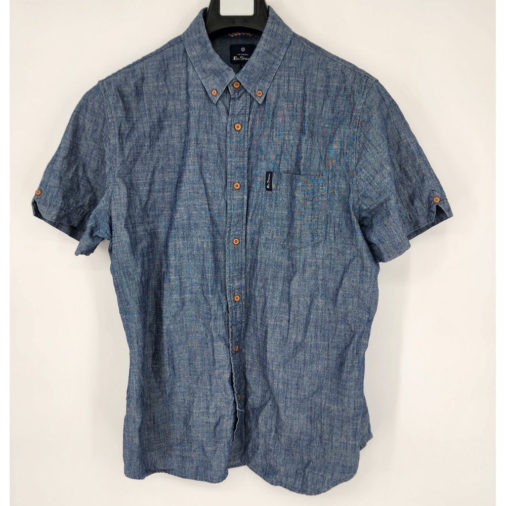 Ben Sherman Short Sleeve Button‎ Up Shirt Men's Large Dark Navy Chambray EUC